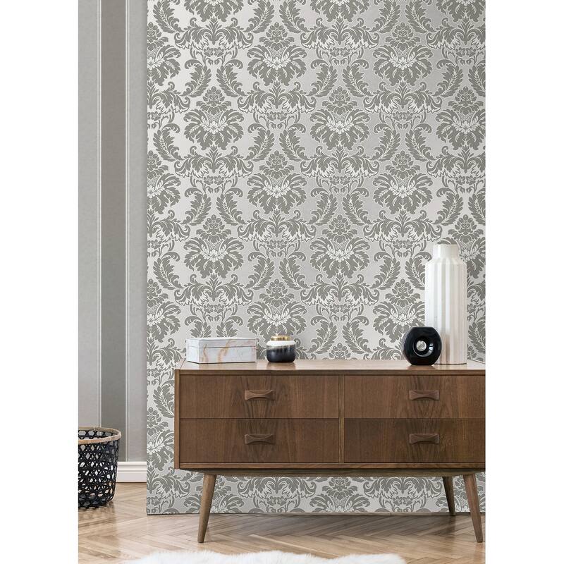 Brewster Windsor Grey Damask Wallpaper