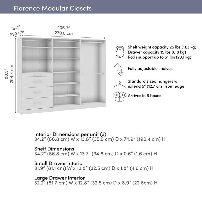 Bestar Florence 107W x 16D Walk-In Closet Organizer System, Slab