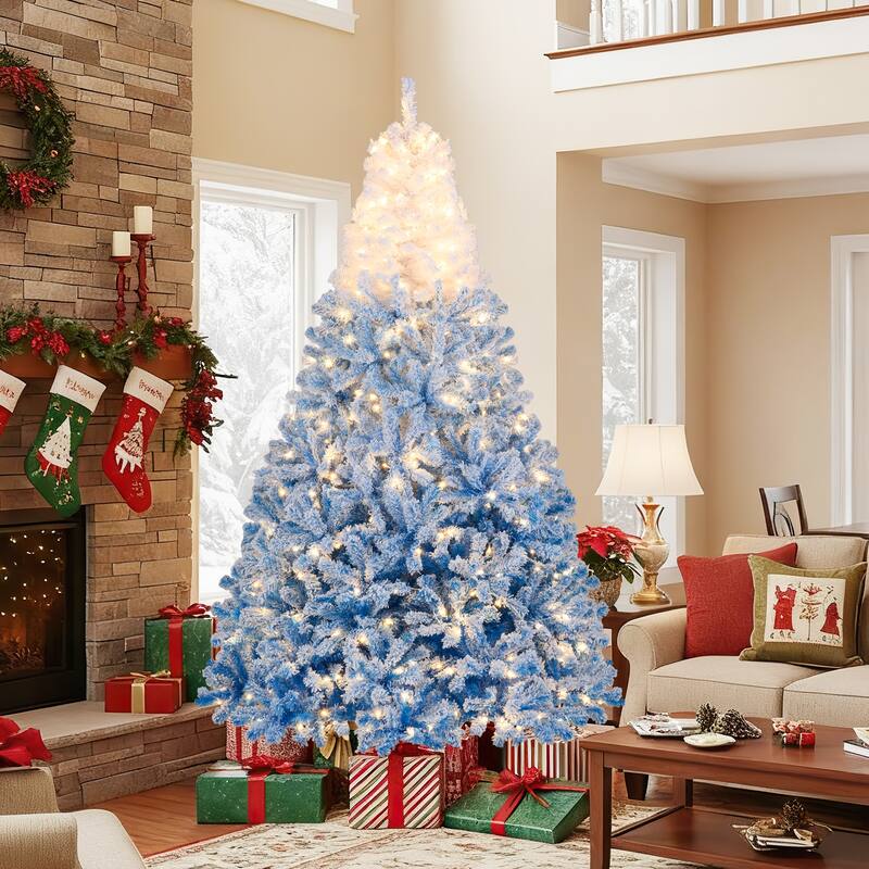 Gymax 5/6/7/8 FT Artificial Christmas Tree Hinged Snow Flocked Xmas - Blue, White