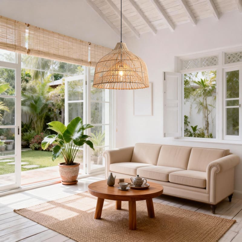 1-Light Boho Brown Rattan Hand-Woven Cloche Hanging Basket Pendant Light - 19.6" W x 62.9" H