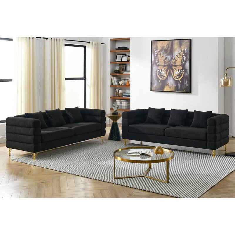 Modern 3 Seater Sofa 2 Piece Set with Gold Metal Legs and Curved Silhouette for Modern Living Room or Apartment - Black