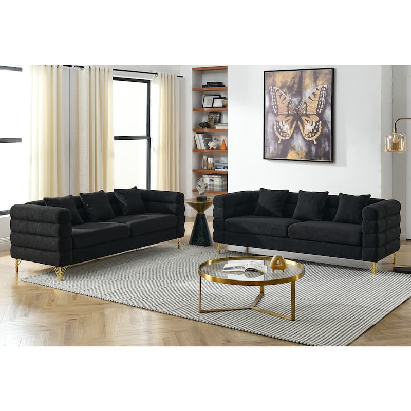 Roomfitters Luxury 3-Seater Teddy Fabric Sofa with Gold Metal Legs, Deep Seating Couch with Pillows