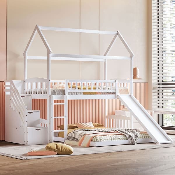 slide 2 of 9, White Wooden Twin over Twin Bunk House Bed Frame with Convertible Slide, Storage Stairs, Ladder, Guardrails for Kids, Teens White - Twin