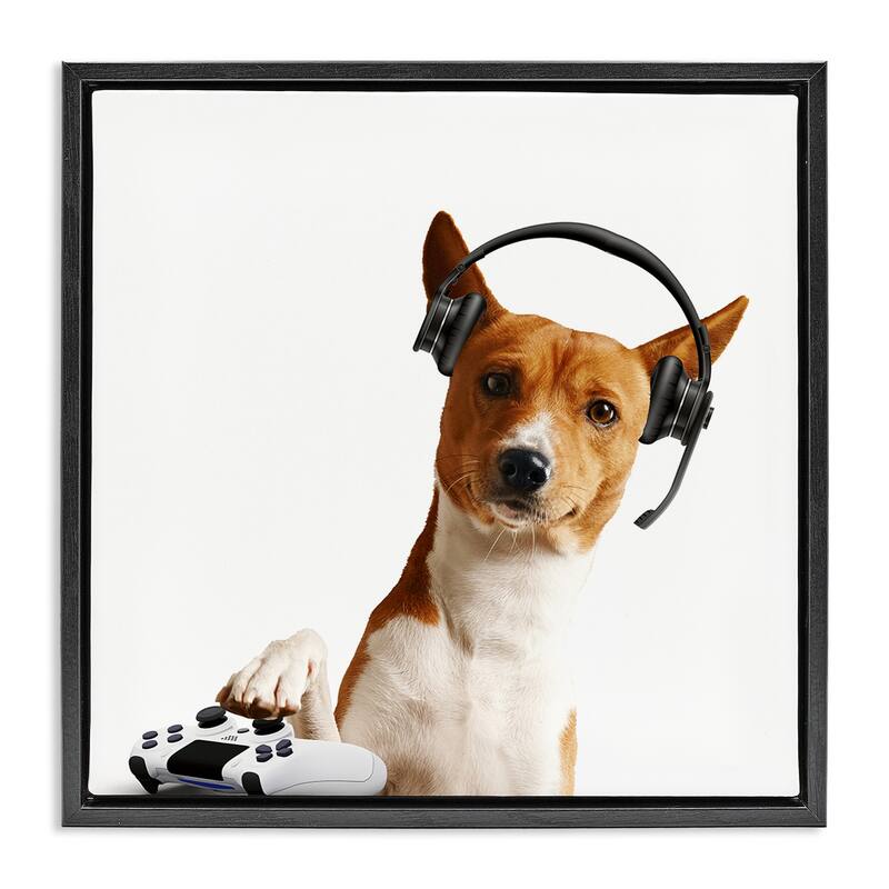 Stupell Gaming Dog with Headset Framed Floater Canvas Wall Art Design By CAD Designs - 25 x 25 - Black