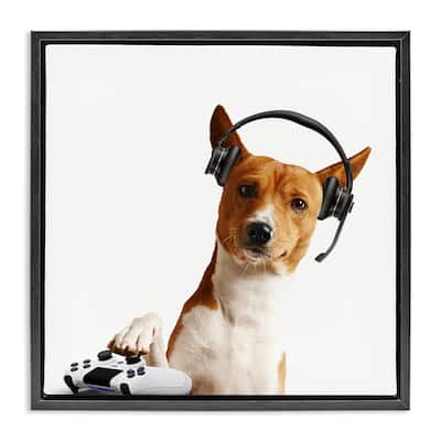 Stupell Gaming Dog with Headset Framed Floater Canvas Wall Art Design By CAD Designs