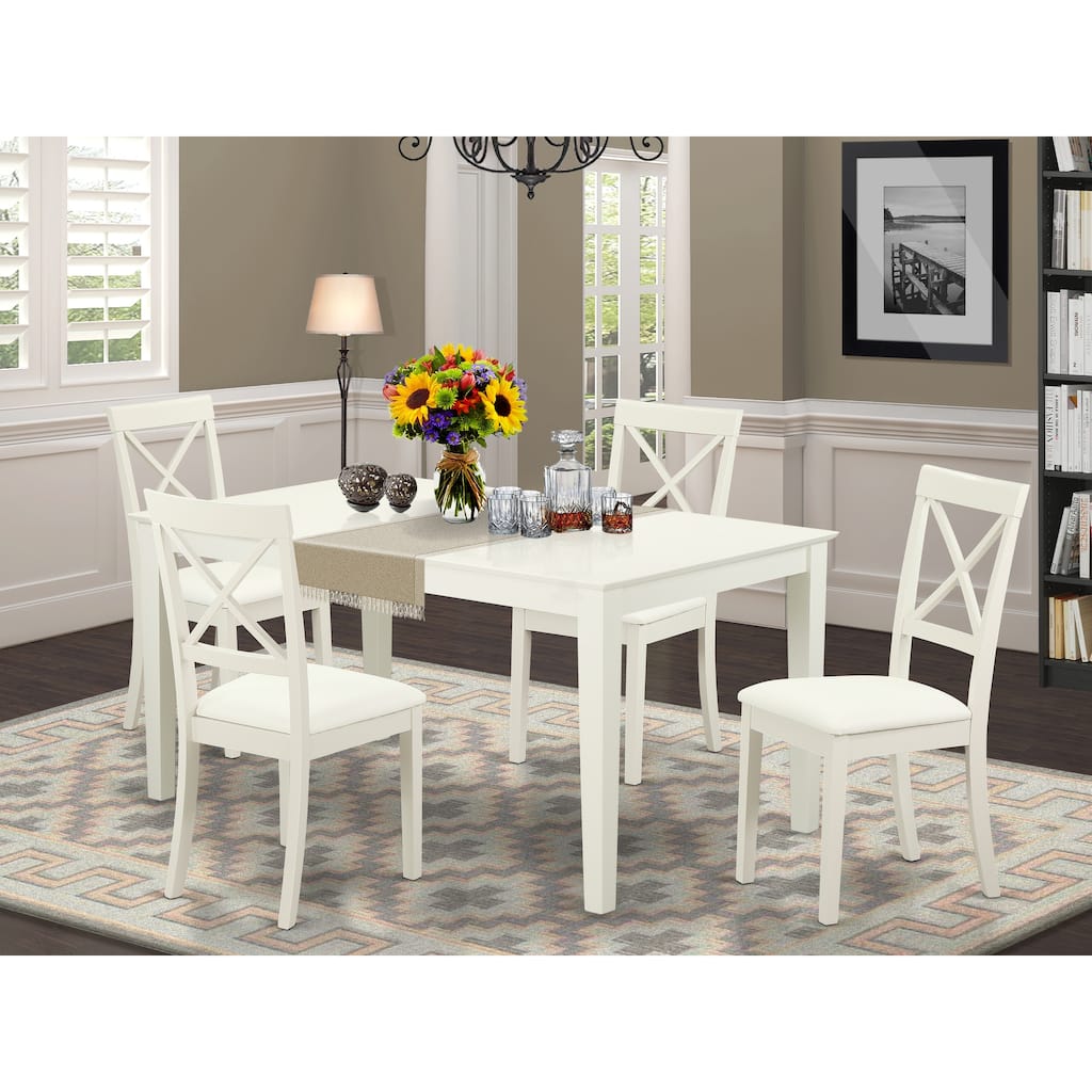 East West Furniture 5 Piece Modern Dining Table Set- a Wooden Table and 4 Faux Leather Dining Room Chairs, Linen White