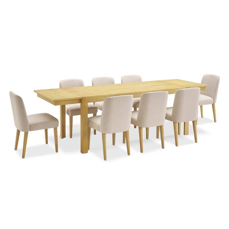 mopio Logan Upholstered Beige Dining Chair Set, Modern Farmhouse Solid Wood Dining Table Set for Dining Room Kitchen - 9 Piece Set 90" (8 Chairs)