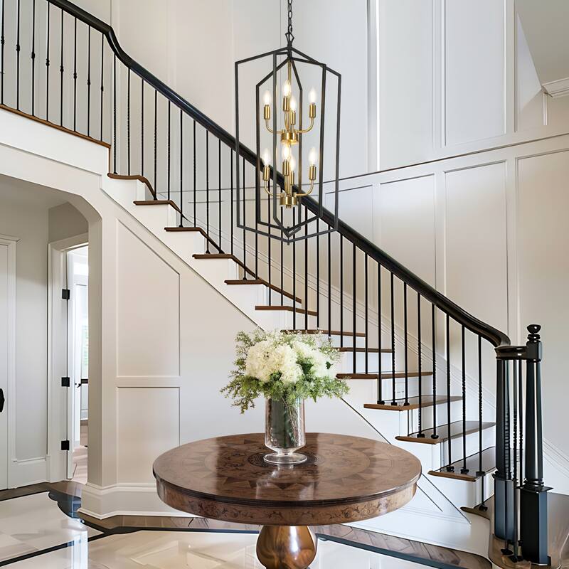 Modern 8-Light Geometric Chandelier Black Copper Lantern Pendant for Kitchen Dining Room - 17.7 " × 14.3 " × 34.3 "