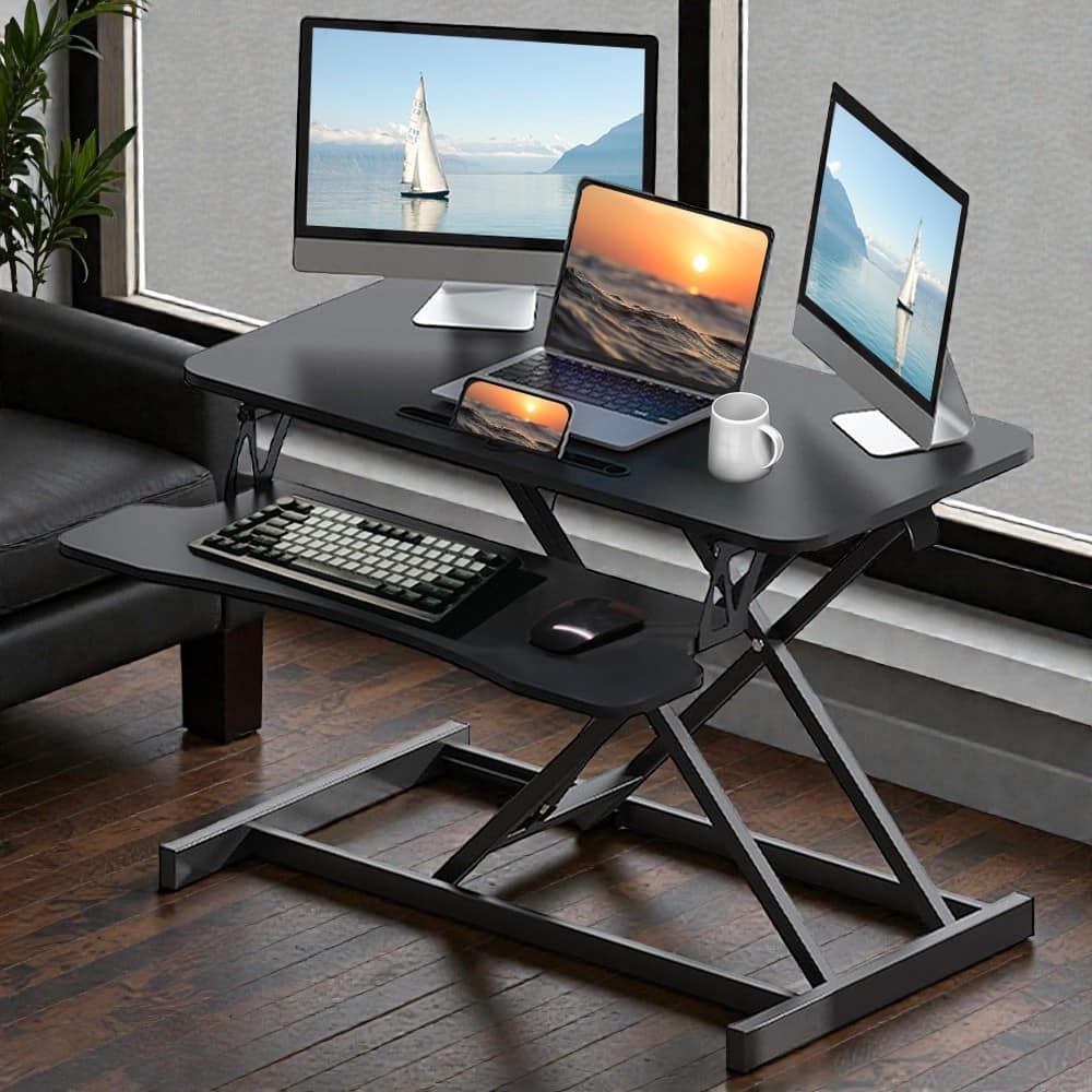 32 Inch Desk Converter Height Adjustable Sit to Stand Desk Riser with Keyboard Tray for Dual Monitor Laptop
