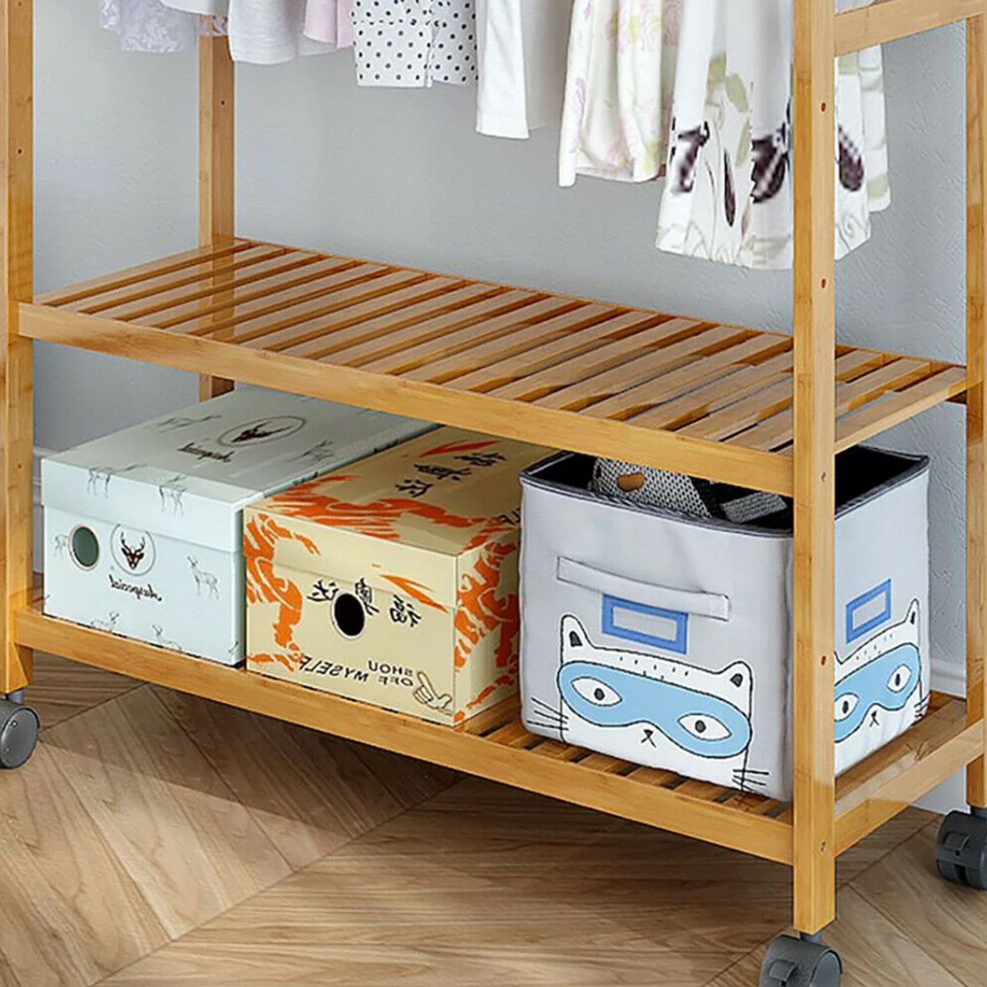 Bamboo Rolling Clothes Rack with Storage Shelves and Hanging Rod - W 30.9" x D 15.75" x H 66.34"