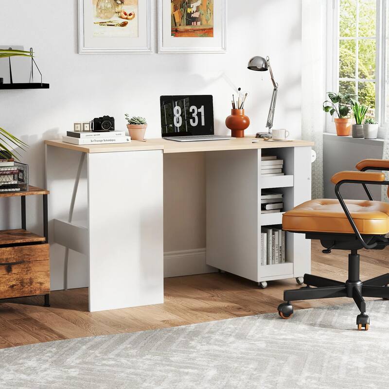 EROMMY Foldable Kitchen Island Table with Storage, Rolling Collapsible Dining & Work Table.