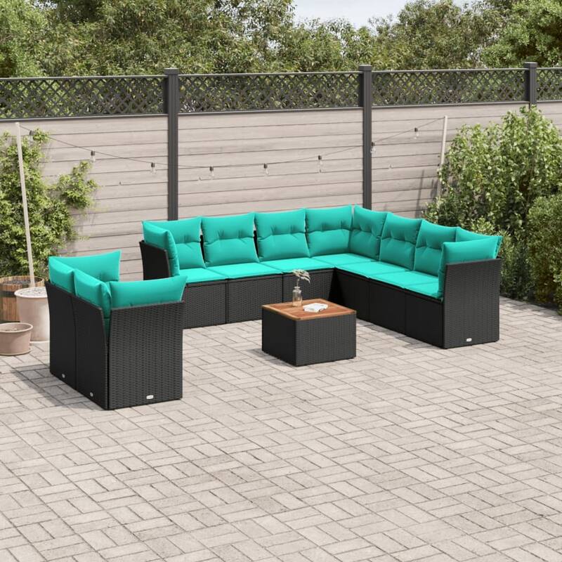 vidaXL 11 Piece Patio Sofa Set with Cushions Black Poly Rattan - 24.4 x 24.4 x 27.2