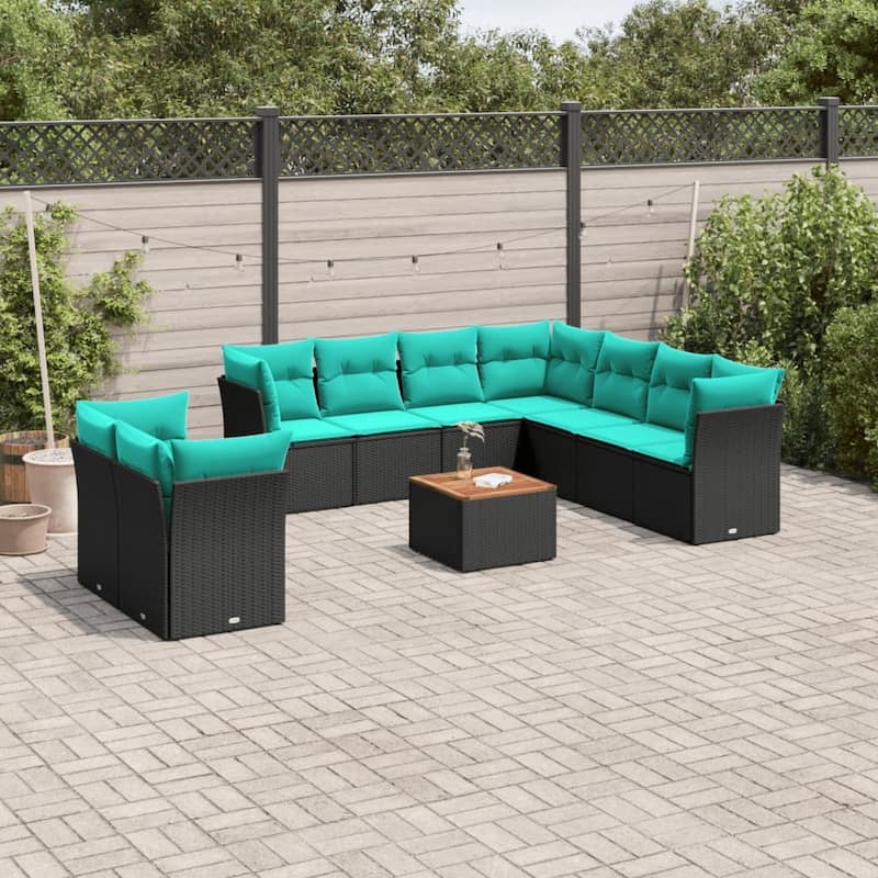 vidaXL Patio Sofa Set with Cushions Outdoor Furniture 10 Piece Poly Rattan - 24.4" x 24.4" x 27.2" - Black and blue