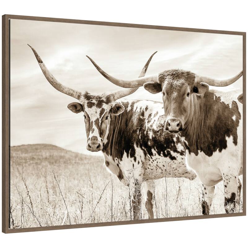 Kate and Laurel Sepia Texas Longhorn Cattle in Pasture by The Creative Bunch Studio Framed Canvas Wall Art Print - 28x38 - Walnut