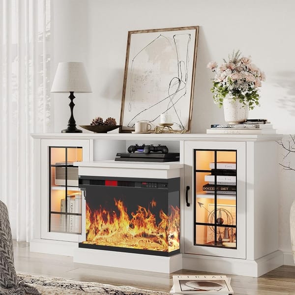 Fireplace TV Stand with All-Sided Glass Electric Fireplace - On