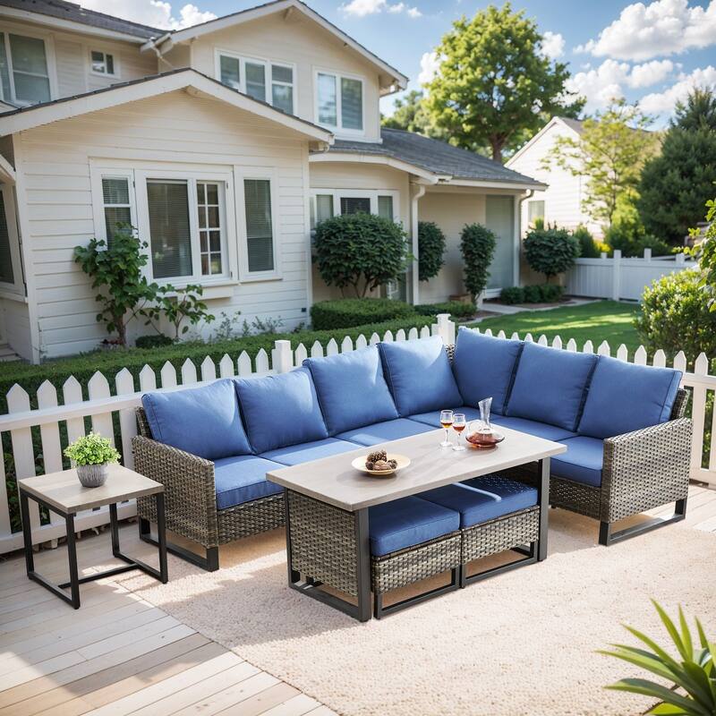 Gymojoy 5-Piece Outdoor Wicker Furniture Set, L-Shaped Sectional Sofa Set - Grey Wicker / Blue Cusion - 5-Piece