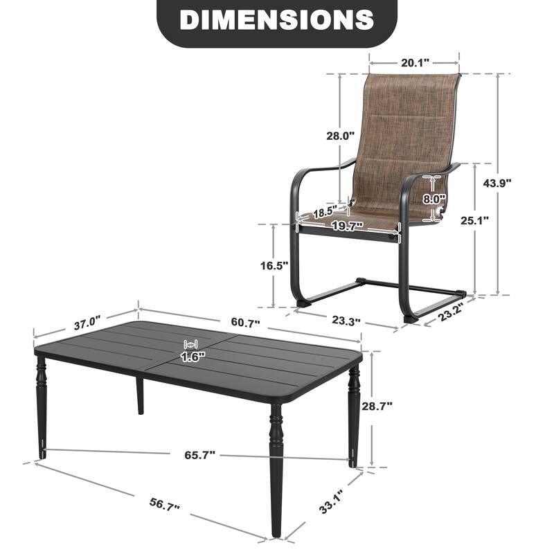 7-Piece Textilene Metal Rectangle Outdoor Dining Set with 6 C-Spring Motion Chairs and Umbrella Hole, Black