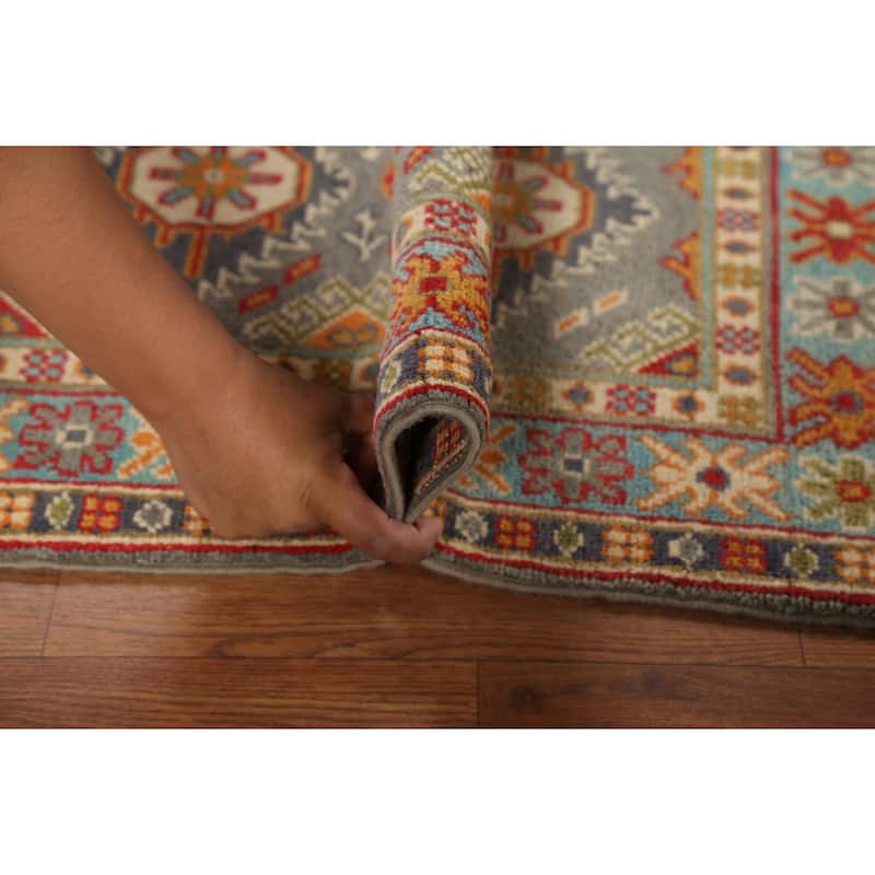 Gray Geometric Kazak Accent Rug Hand-Knotted Traditional Wool Carpet - 2'1"x 2'10"