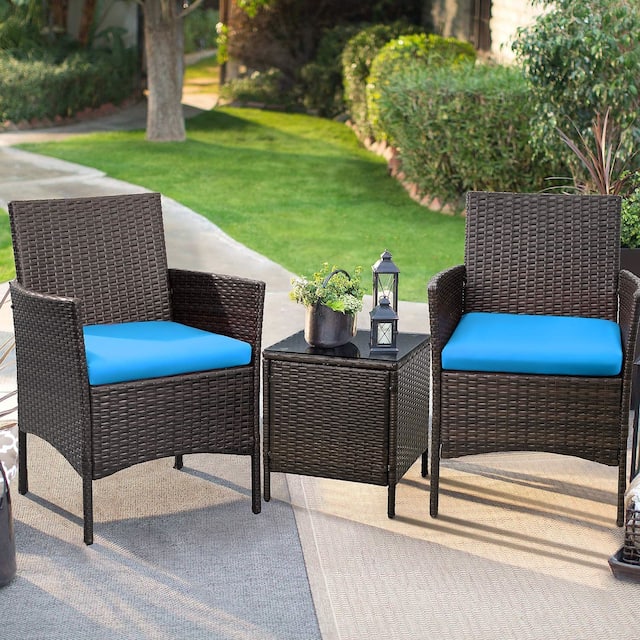 Homall 3 Pieces Patio Porch Furniture Sets PE Rattan Wicker Chairs with Table Outdoor Garden Furniture Sets - Brown/Blue