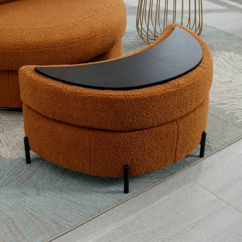 32.7" W Sherpa Upholstered Half Crescent Moon Storage Bench Large Ottoman With Tray Serve As Side Table Soft Padded Seat