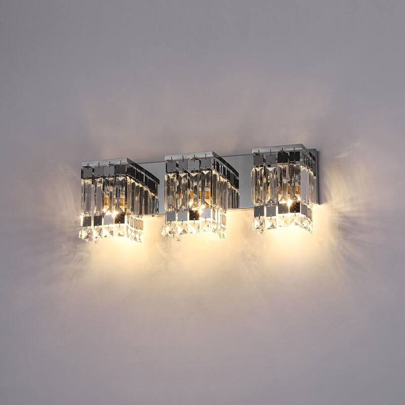3-Light Modern Glam Chrome Finish Rectangle Crystal Bathroom Vanity Lights - 19.7 in. W x 5.1 in. D x 7.1 in. H