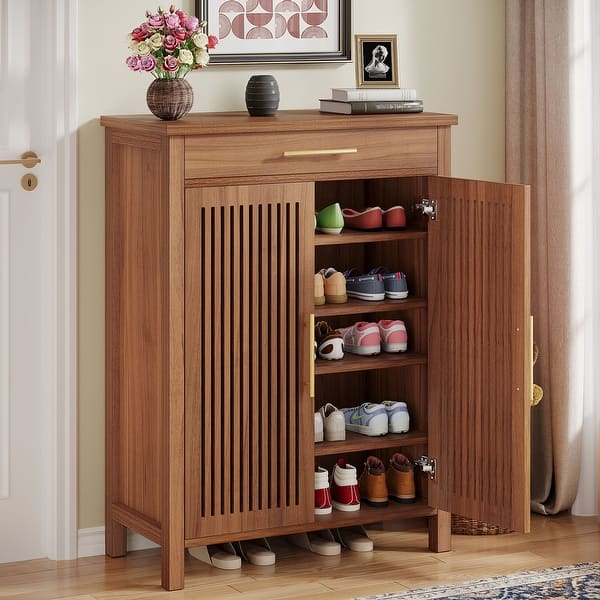 slide 2 of 27, Shoe Storage Cabinet with Louvered Doors & Drawer, Wooden Shoe Rack for Closet, Entryway Brown
