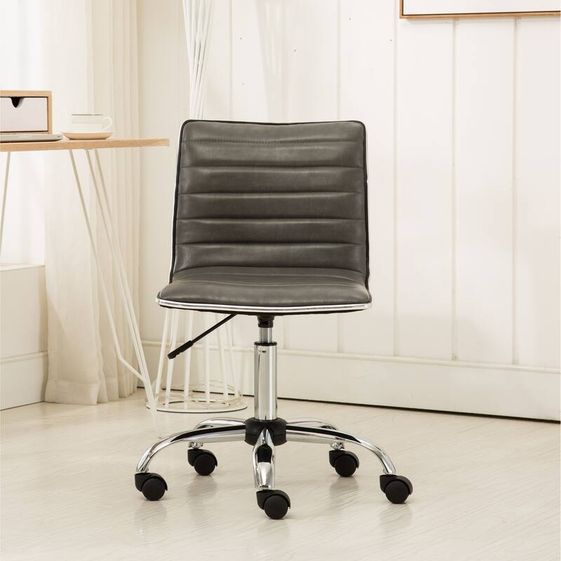 Cute Armless Office Chair, Leather Computer Desk Chair, Vanity Task Chair with Adjustable Height, Swivel Wheels, Mid Back