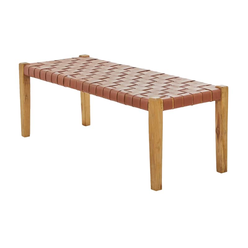 Black or Brown Leather Handmade Woven Seat Bench - 47 x 18 x 17