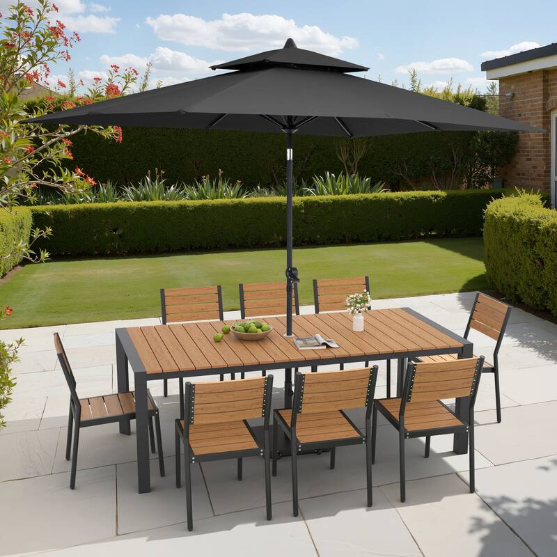 9/11-Piece Outdoor Dining Set Aluminum Table and Stackable Chairs w/10 ft Umbrella and Base - Set of 11 -Brown Table with Black Umbrella