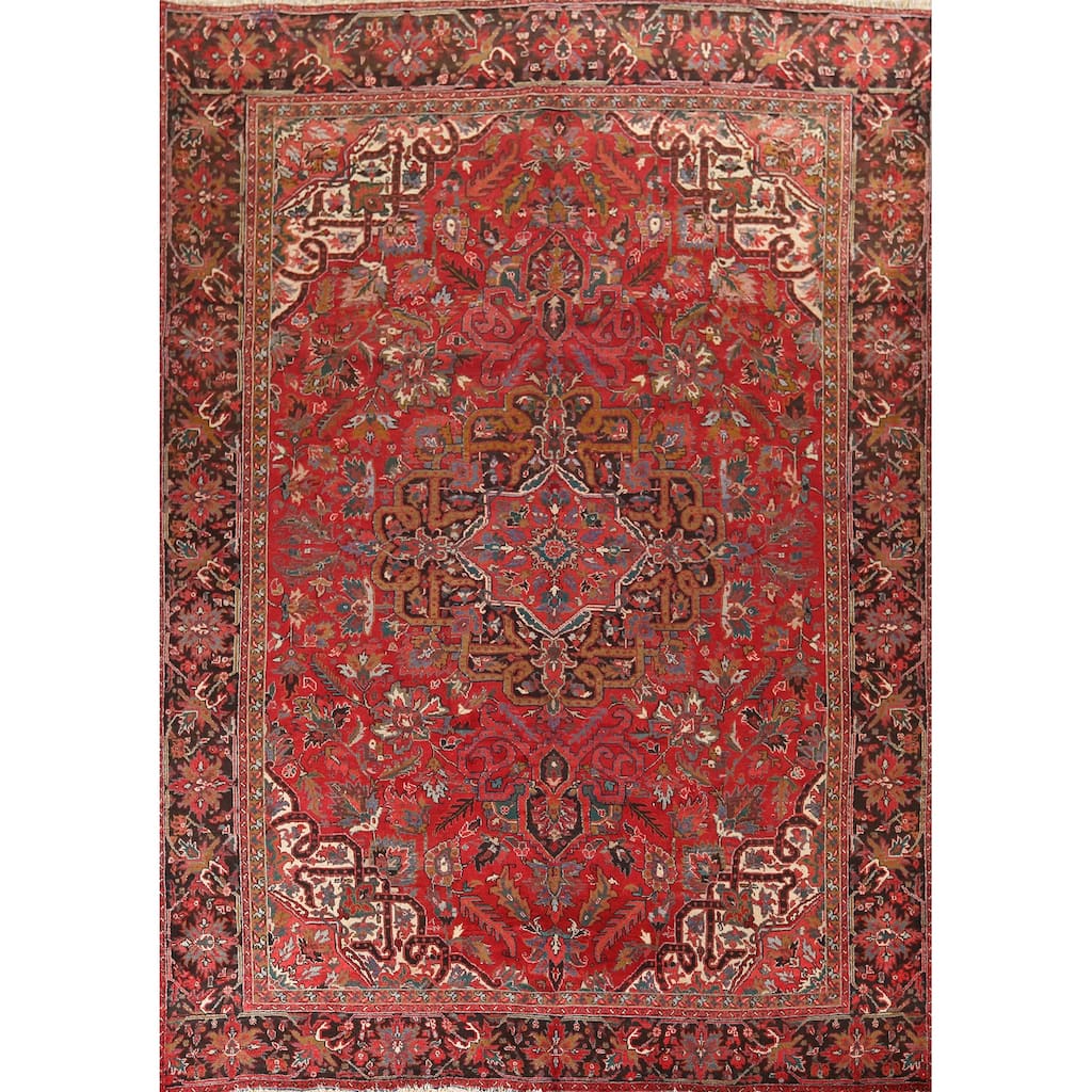 Geometric Heriz Vintage Persian Area Rug Hand-Knotted Red Wool Carpet - 9'6" x 12'10"