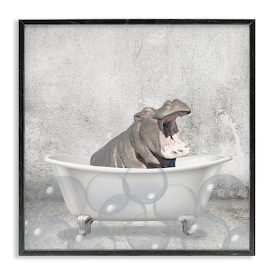 Stupell Baby Hippo Bath Time Cute Animal Design,12 x 12, Framed Wall Art