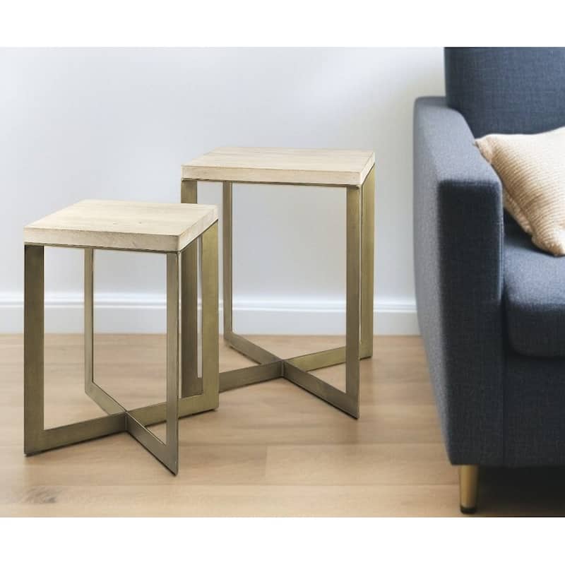 HomeRoots Set of Two Natural and Gold Solid Wood and Metal Square Cross Legs Nested Tables - 19' X '26' X '19 - Natural - Wood