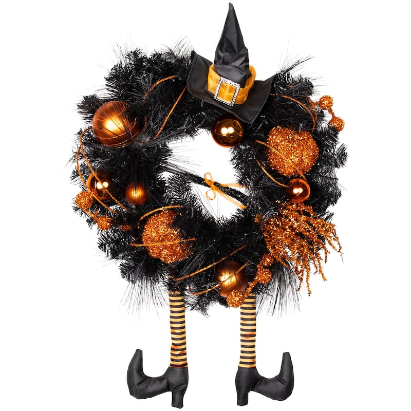 Witch and Pumpkins Glittered Artificial Halloween Wreath - 24" - Unlit