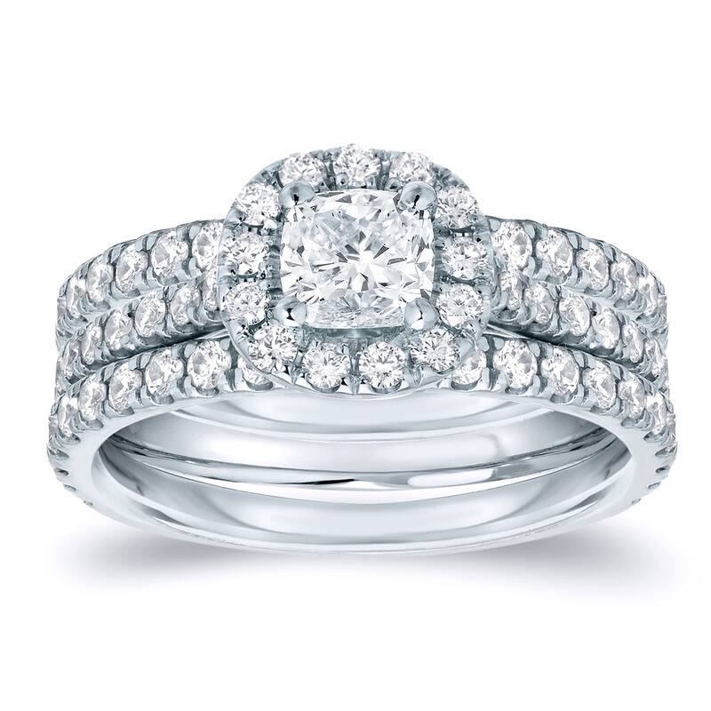 Auriya 1 1/4ctw Cushion-cut Halo Diamond Engagement Ring 3pc Set 14k Gold