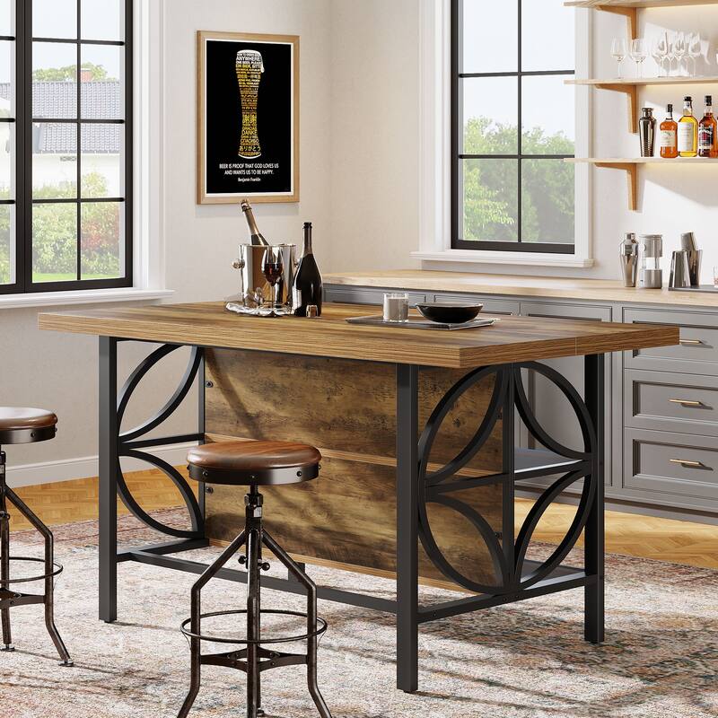 2-Tier Long Kitchen Bar Height Table with Footrest, Rustic Brown