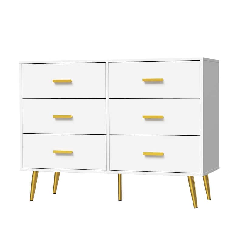 Modern 6 Drawer Dresser in White and Black, Featuring Gold Handles, Wide Wooden Drawers for Bedroom