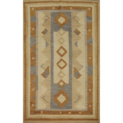 Hand Woven Oriental 100% Wool Carpet Southwestern Tribal Beige & Ivories Kilim Area Rug - 9' 1'' X 5' 11''