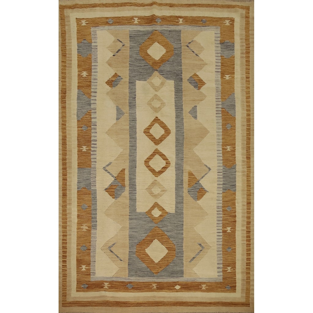 Hand Woven Oriental 100% Wool Carpet Southwestern Tribal Beige & Ivories Kilim Area Rug - 9' 1'' X 5' 11''