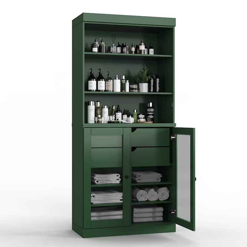 100% Solid Wood 32" Bathroom Cabinet with Optional Doors, 2-Drawers by Palace Imports - Green - 2 Glass Doors