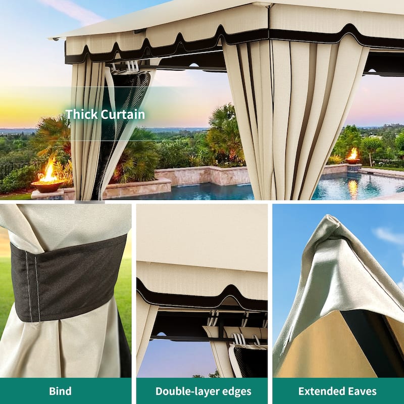 10 Ft. W x 12 Ft. D Outdoor Metal Patio Gazebo With Nettings And Soft Top