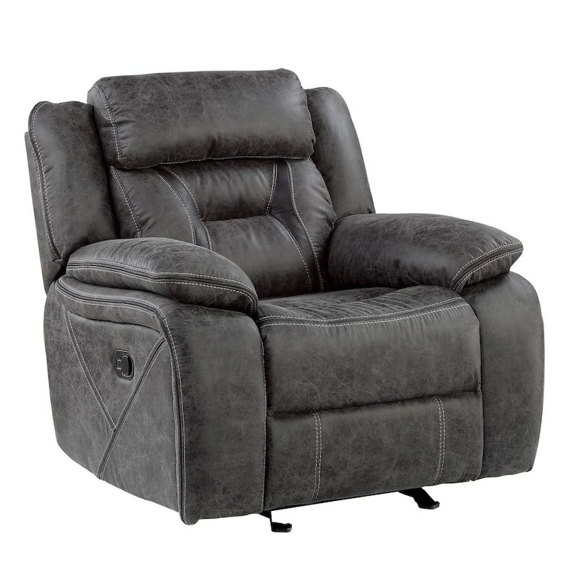 Mady 39 Inch Manual Glider Recliner Chair, Gray Microfiber, Solid Wood