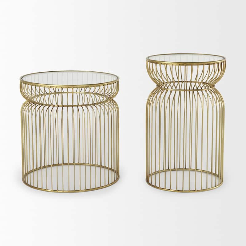 HomeRoots Set of Two Clear and Gold Tempered Glass and Metal Wire Round Drum End Tables - 18.90 in. x 20.08 in. x 18.90 in.