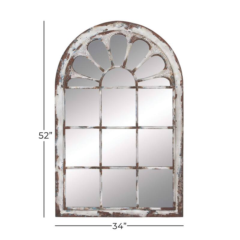 White Metal Window Pane Inspired Room Wall Mirror with Arched Top