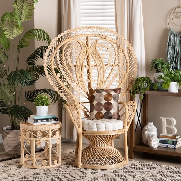 Fedra Modern Bohemian Natural Brown Rattan Peacock Accent Chair On
