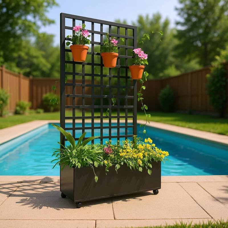 47x15.7x72Inch Large Galvanized Steel Raised Garden Bed with Trellis and Wheels Planter Box