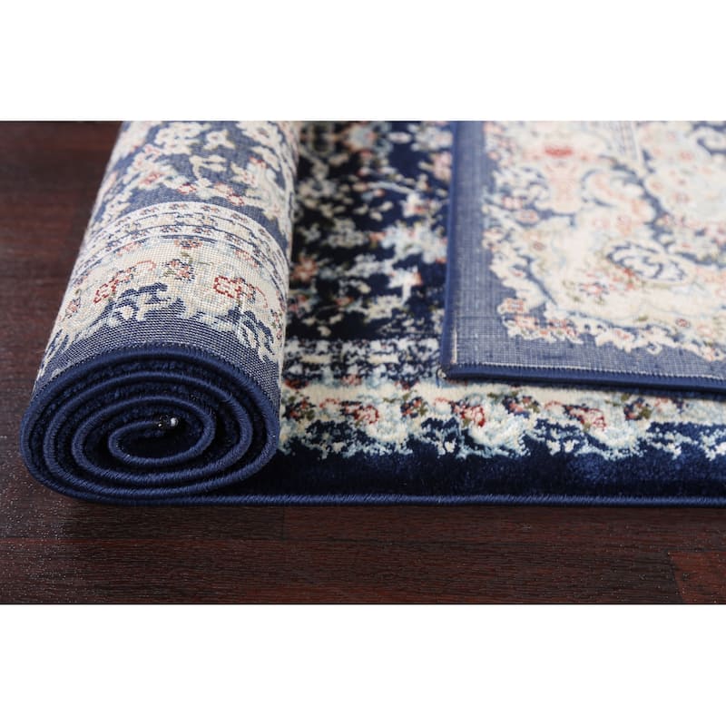 Navy Blue Floral Medallion Transitional Turkish Rug Oriental Carpet