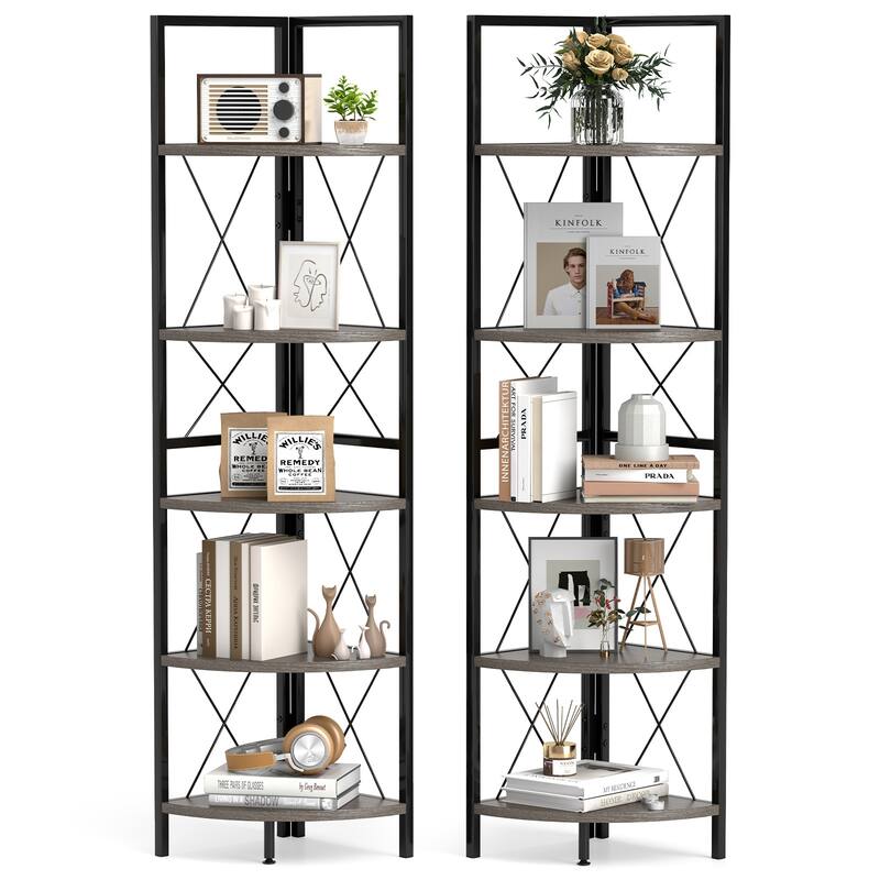 Gymax 2 PCS 5-tier Corner Display Rack Corner Ladder Bookshelf w/ - Oak & Black