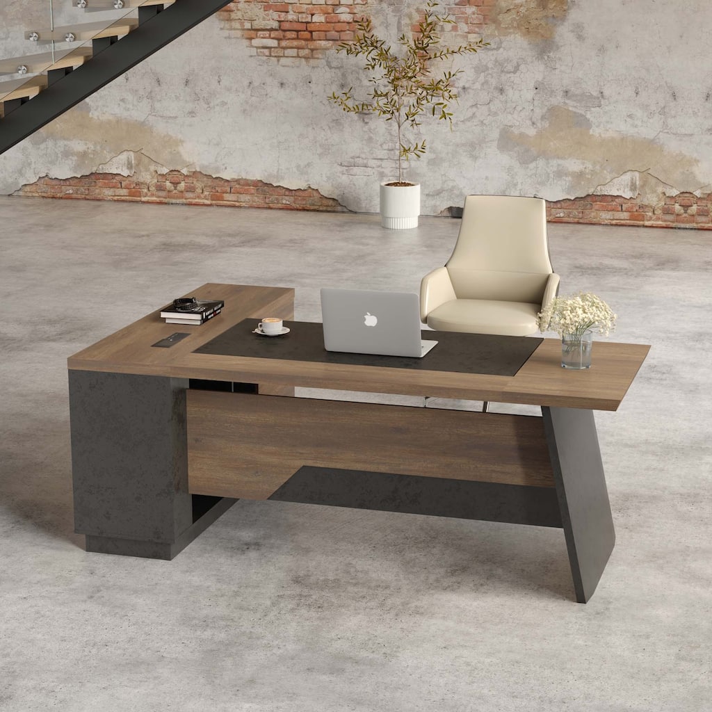 WESOME 78.74in Modern L-Shaped Executive Desk with Drawer 2-Tier Storage Shelves Cabinets