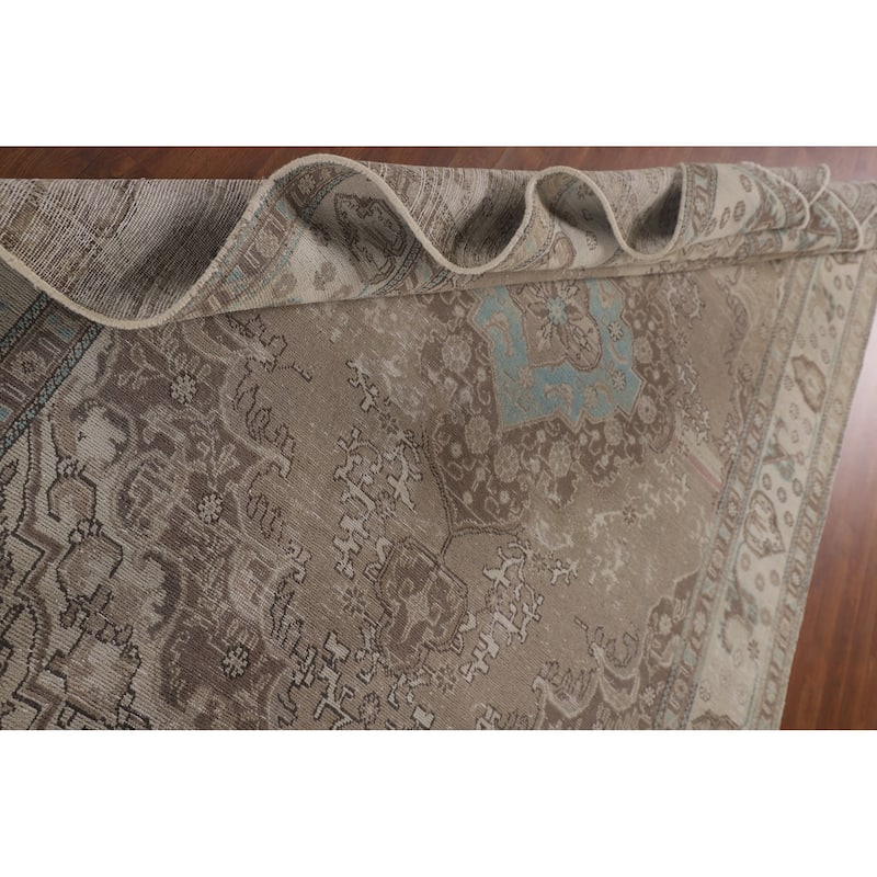 Distressed Beige Tabriz Persian Vintage Rug Handmade Wool Carpet - 6'5"x 9'7"