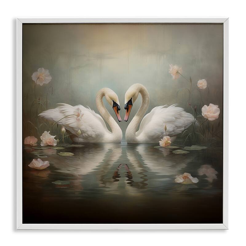 Stupell Romantic Swans in Floral Pond Framed Giclee Art Design By Arlington Prints - 24 x 24 - White